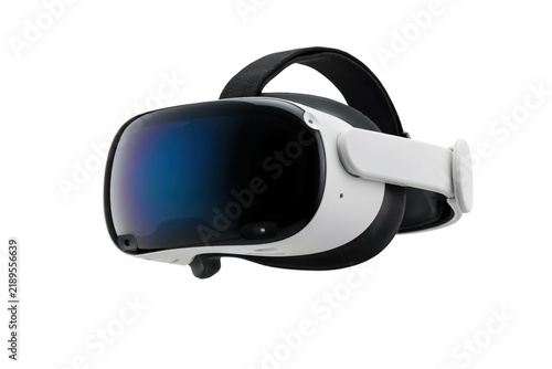 White and black virtual reality headset with a reflective dark lens for immersive gaming and digital simulation isolated on a transparent background