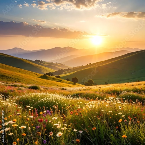beautiful summer landscape with flowers and mountains