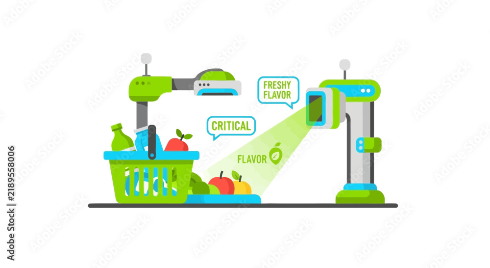 Fototapeta premium Smart Food Quality Control System Illustration with AI Robots Scanning Fresh Produce