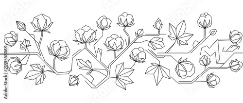 Geometric low poly style line art illustration of horizontal cotton branches with bolls and leaves isolated on a plain white background. Modern art design.