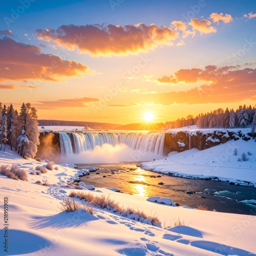 the sun sets over the frozen niagara falls in winter