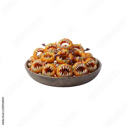 Monster Onion Rings With Sharp Teeth Growing Around the Crispy Edges, scary Halloween food 3D cartoon, on white background