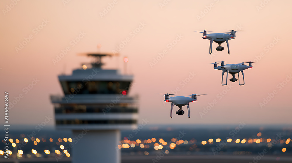 Obraz premium Three modern unmanned aerial vehicles fly near an air traffic control tower at sunset, depicting advanced aviation technology and safety