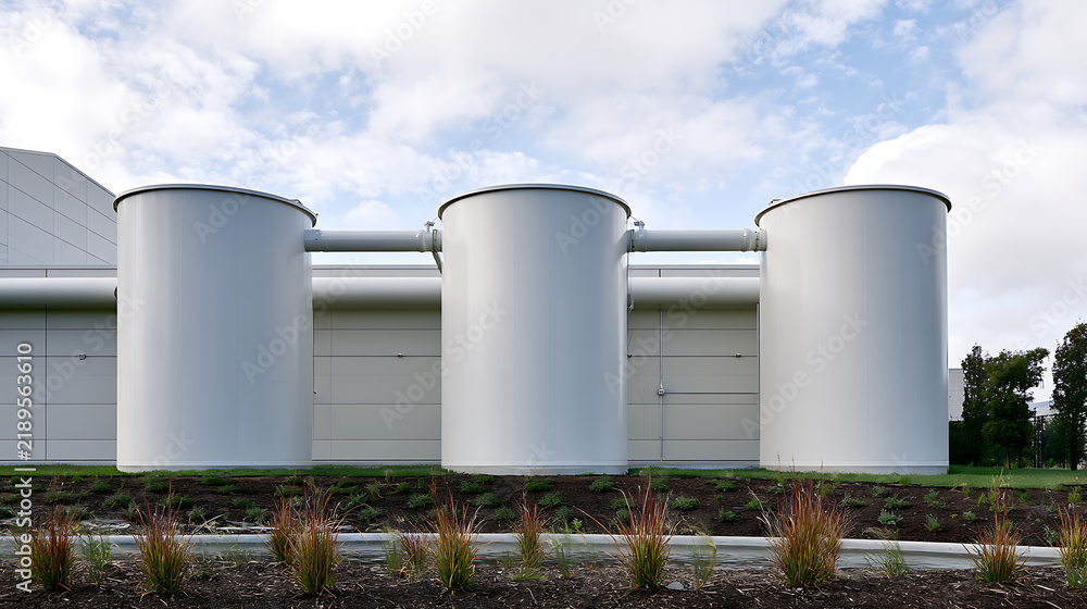 Fototapeta premium Industrial storage tanks connected by pipes outside a modern commercial warehouse facility with green grass and blue sky background scene