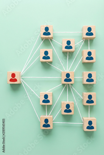 Organizational chart hierarchy diagram with wooden blocks and icons on green background