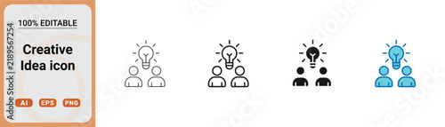 Set of creative idea icons featuring a light bulb above two people, representing teamwork, brainstorming, innovation, and collaborative problem solving in business