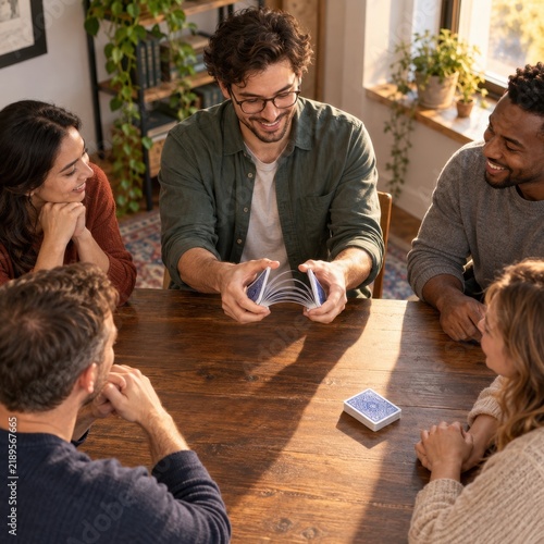 Man shuffling playing cards while friends watch at a table