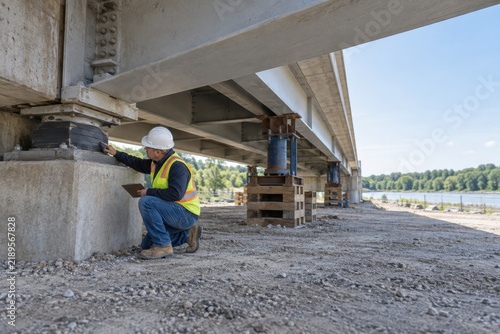 Engineer inspecting a bridge bearing beneath a concrete deck