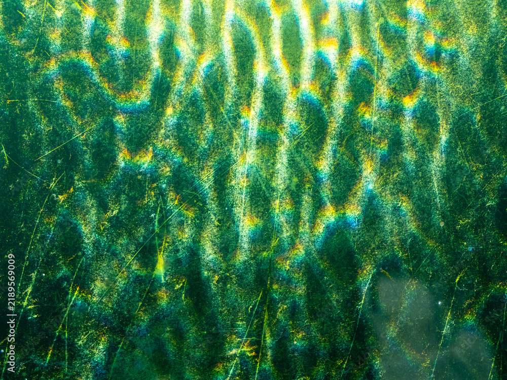 Obraz premium Abstract underwater light patterns and shimmering caustic reflections seen through scratched aquarium glass. Green and turquoise tones create an atmospheric aquatic texture with glowing ripples.