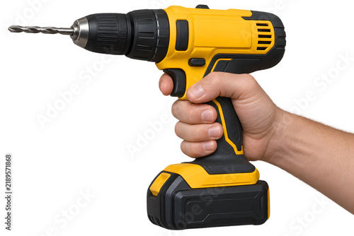 A hand holding a yellow cordless power drill png file isolated on transparent background