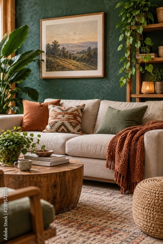 Cozy living room with green walls and abundant houseplants