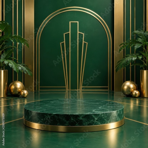 Green marble display podium in an art deco interior