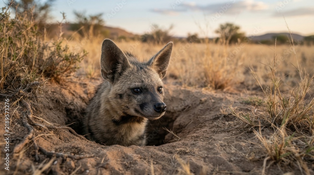 Fototapeta premium Bat-Eared Fox Emerges From Burrow: A curious bat-eared fox with its distinctive large ears peeks out from its earthy burrow, surveying the arid savanna landscape during golden hour.