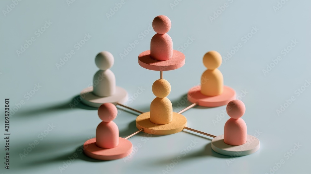 Obraz premium Strategic planning symbolic people distribution organizational chart business modeling management process visual communication flat design side view consulting theme 3D render colored pastel. 