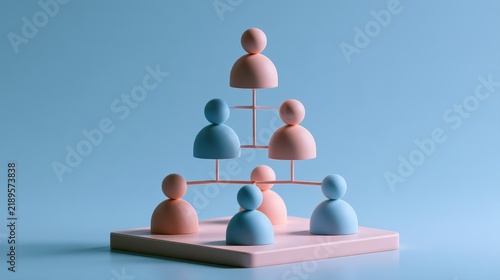 Strategic planning symbolic people distribution organizational chart business modeling management process visual communication flat design side view consulting theme 3D render colored pastel. 