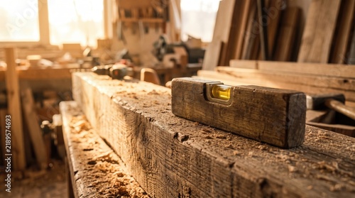 Spirit level on wood in workshop