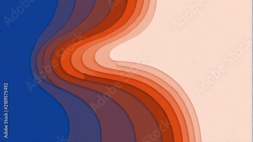 Abstract layered landscape with flowing shapes in vibrant earth tones and cool blue hues