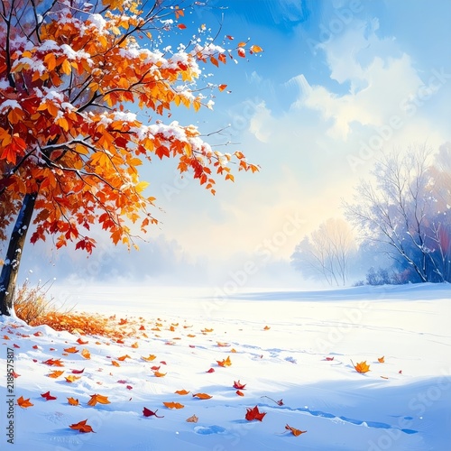 a painting of a snowy scene with a tree and a snow covered field