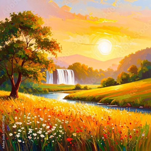 a painting of a waterfall in the middle of a field