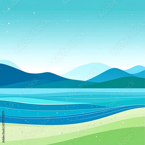 a poster with a beach scene and mountains in the background