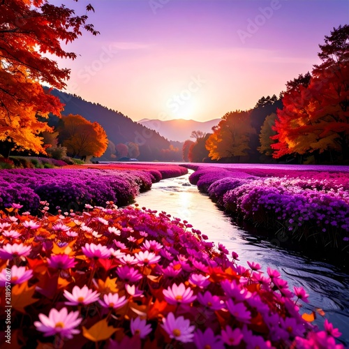 a river with flowers in the fore