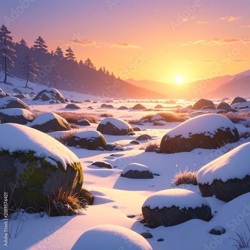 a snowy landscape with rocks and trees