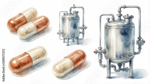 Medical Capsules and Industrial Equipment Illustration for Pharmaceutical Manufacturing