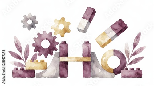 Artistic watercolor illustration featuring geometric shapes, leaves, and abstract elements in soft pastel tones