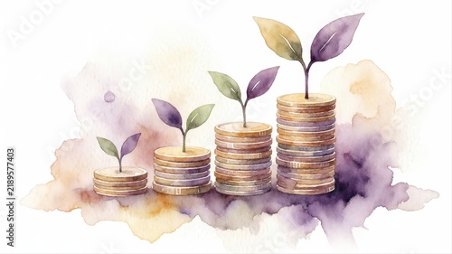 Growing Wealth Concept with Coins and Plant Sprouts in Watercolor Style