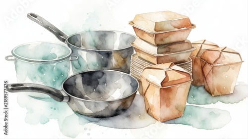 Collection of Measuring Cups and Food Containers in Watercolor Style for Cooking