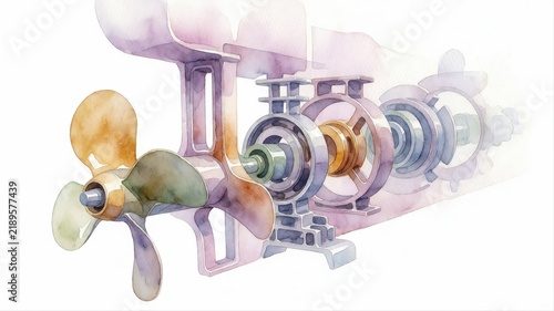 Artistic Watercolor Illustration of Mechanical Parts and Gears in Motion