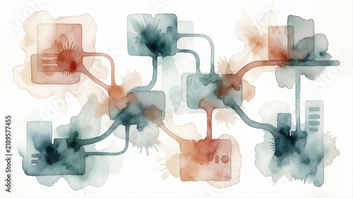 Abstract Watercolor Digital Network Connecting Multiple Data Node Illustrations