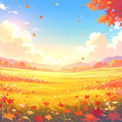 autumn landscape with colorful leaves and flowers