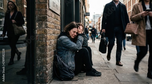 Homeless woman huddled on city street ignored by passersby.