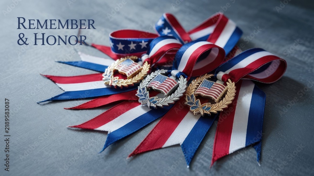 Fototapeta premium Medals with red, white, and blue ribbons arranged on a textured surface, featuring patriotic symbols and an inspirational message of remembrance and honor