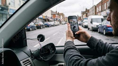 Driver documenting a broken wing mirror hanging by a wire