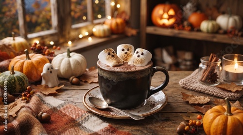 A cozy Halloween scene with a mug of hot chocolate topped with marshmallow ghosts, surrounded by pumpkins, autumn leaves, and warm fairy lights