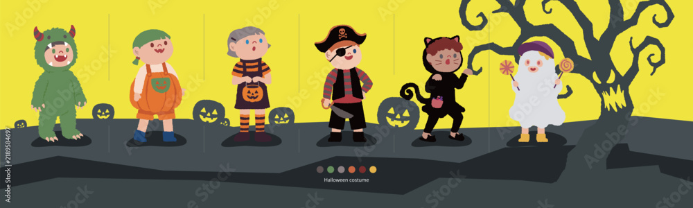 Naklejka premium Halloween festival concept illustration of children in costumes with pumpkins and a spooky tree