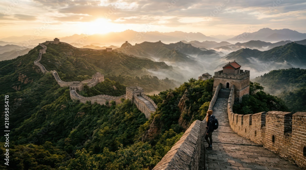 Fototapeta premium Majestic Great Wall of China at Sunrise with Misty Mountains.