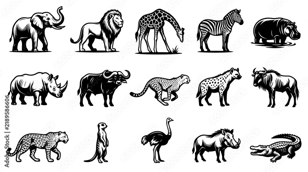 Fototapeta premium African Safari Animals Vector Icons Set - Black and White Line Art Wildlife Illustrations