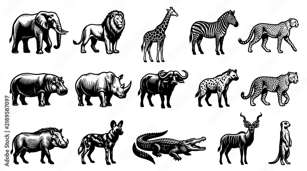 Fototapeta premium Black and White Line Art African Wildlife Animals Vector Set