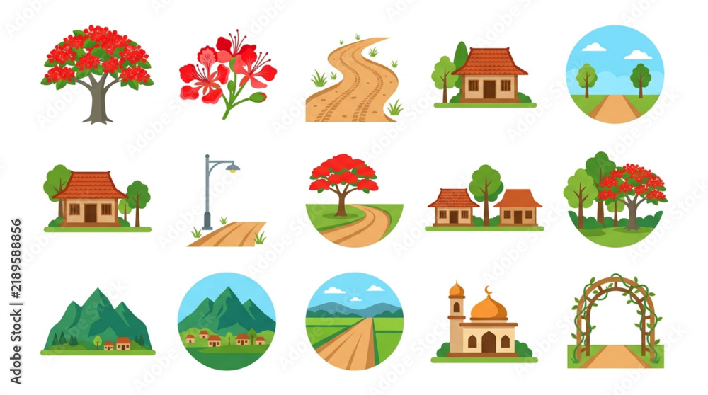 Fototapeta premium Modern Colorful Flat Illustrations of Scenic Landscapes Trees Houses and Architectural Elements for Design Projects