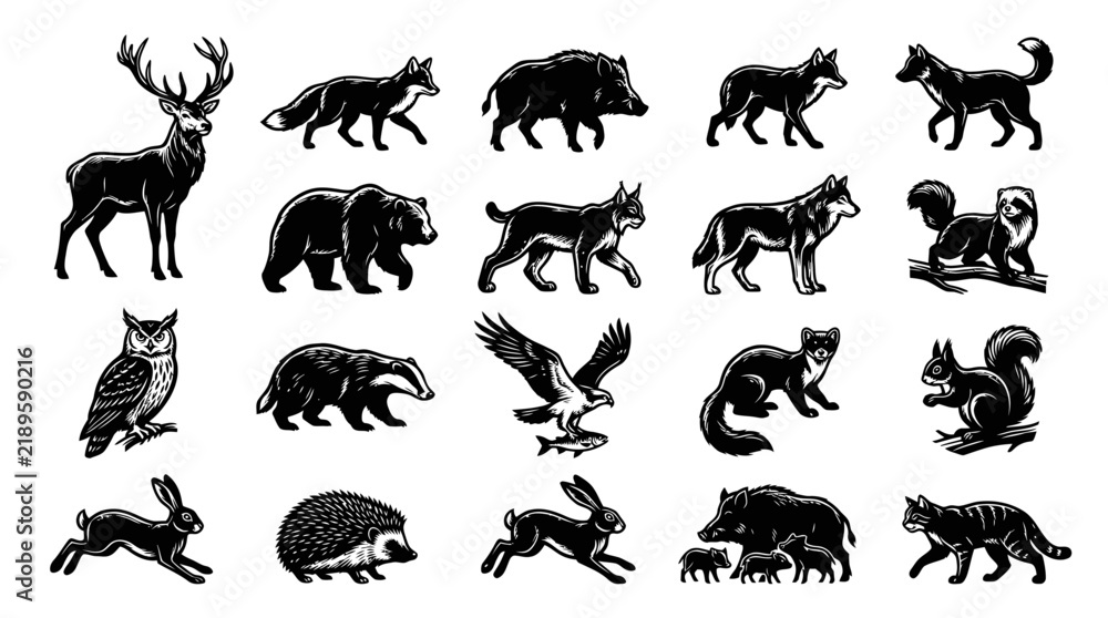 Obraz premium Black and White Vector Icons of Wildlife Animals for Nature Themes