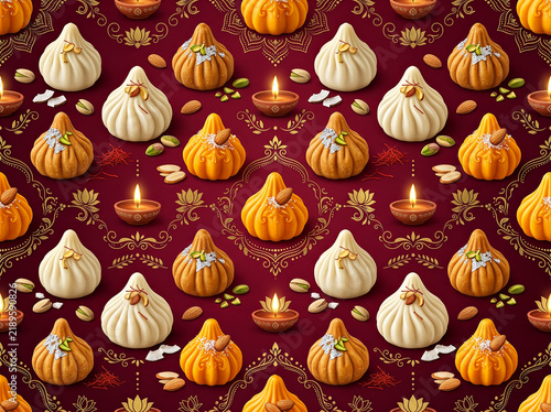 Diwali Sweets and Earthen Diyas Pattern With Modak, Ladoo and Festive Indian Desserts on Maroon Background