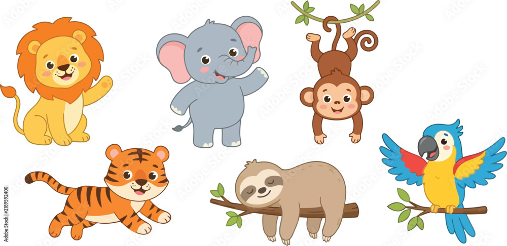 Fototapeta premium A collection of cute cartoon jungle animals including a lion elephant monkey tiger sloth and parrot.