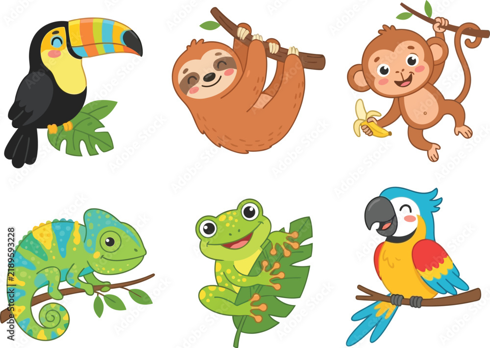 Obraz premium Set of cute cartoon tropical rainforest animals including a toucan sloth monkey chameleon frog and parrot.