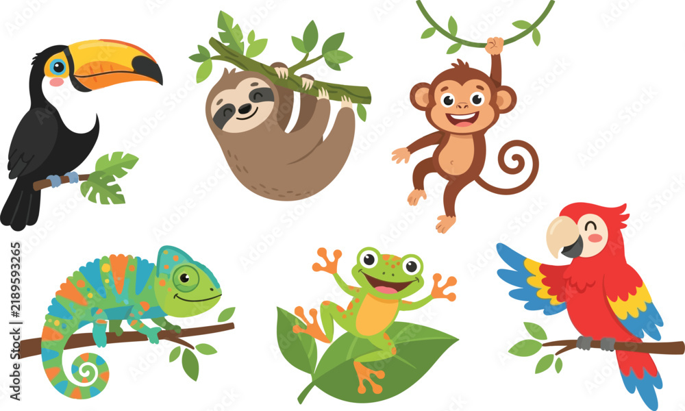 Obraz premium A collection of cute cartoon tropical rainforest animals including a toucan sloth monkey chameleon frog and parrot.