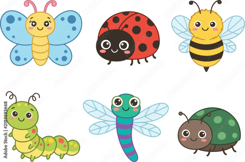 Fototapeta premium A collection of cute cartoon insects including a butterfly ladybug bee caterpillar dragonfly and beetle.