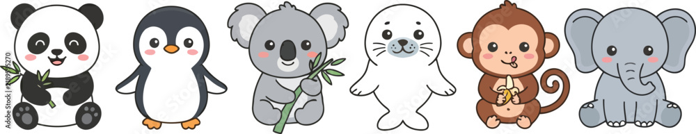 Obraz premium A collection of cute cartoon animals including a panda penguin koala seal monkey and elephant.