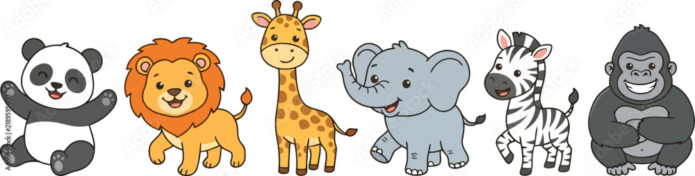 Fototapeta premium A collection of cute cartoon wild animals standing in a row.